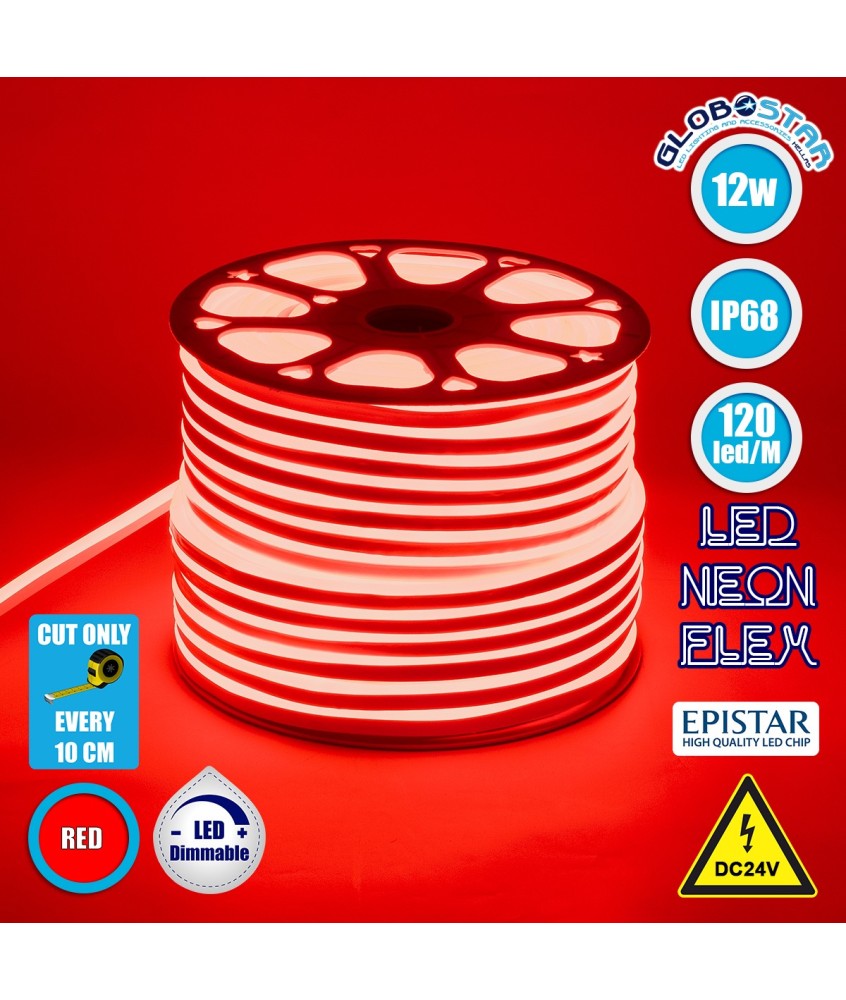 GLOBOSTAR® OVALE 70563 Ταινία Neon Flex LED 12W-m 600lm-m 120° DC 24V Αδιάβροχο IP65 120 x SMD2835 Chip-m Κόκκινο Dimmable - Sanan SMD Chip - Μ100 x Π0.8 x Υ1.6cm - 3 Χρόνια Εγγύηση